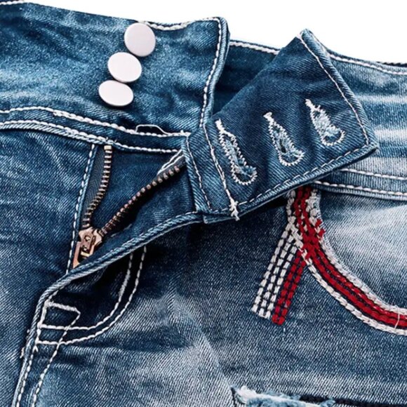 FLAMINGALS American Flag Patched Button Fly Cut Out Denim Shorts XL BNWT - Picture 6 of 8